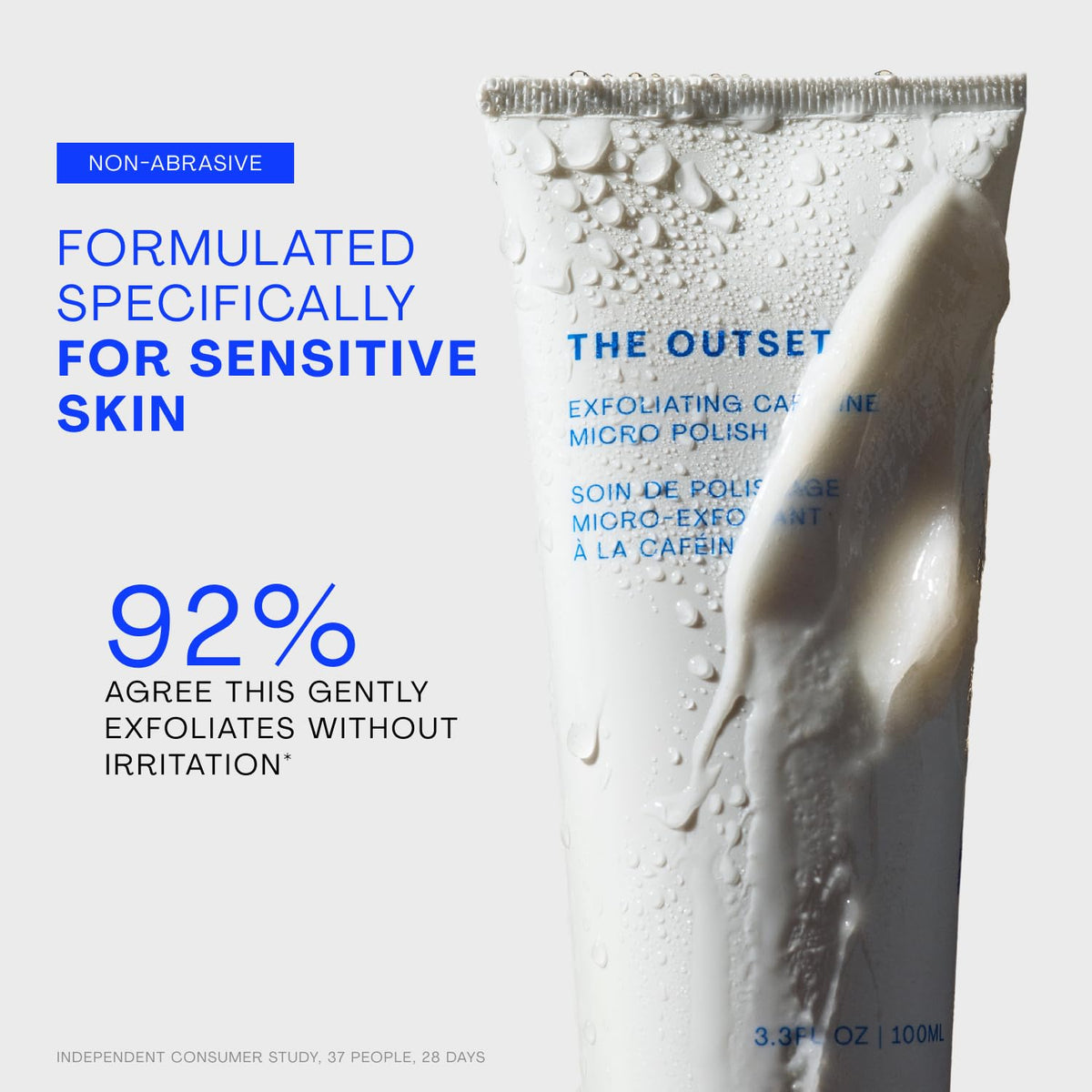 the outset scrub in hand application showing how it spreads for controlled exfoliation
