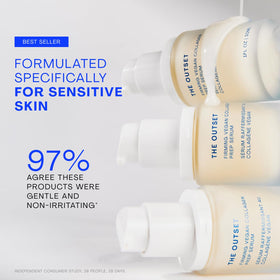 The Outset bottle placed on a bathroom shelf conveying calm, everyday use