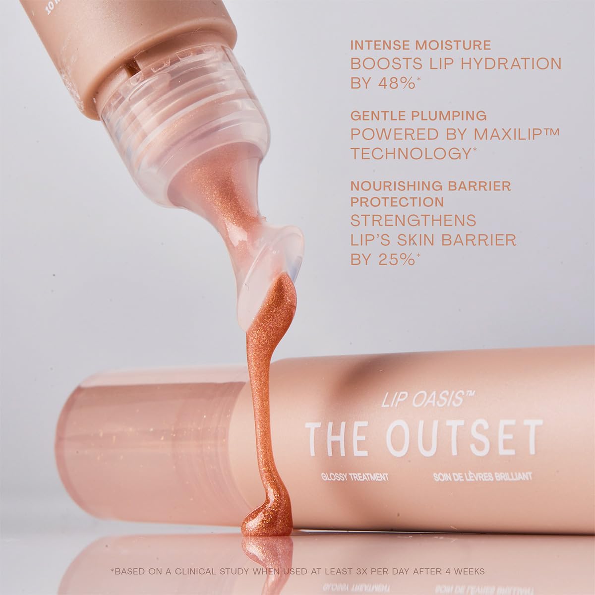 The Outset Skinny Dip on lips showing subtle nude shimmer and healthy shine