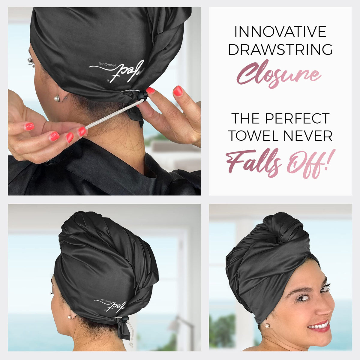 THE PERFECT HAIRCARE patented clip close-up securing wrap for slip-free styling and comfort