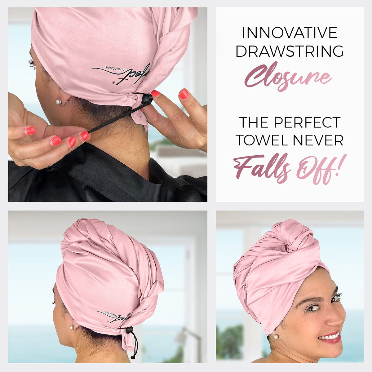 THE PERFECT HAIRCARE towel on head in bathroom offering comfortable hands-free drying