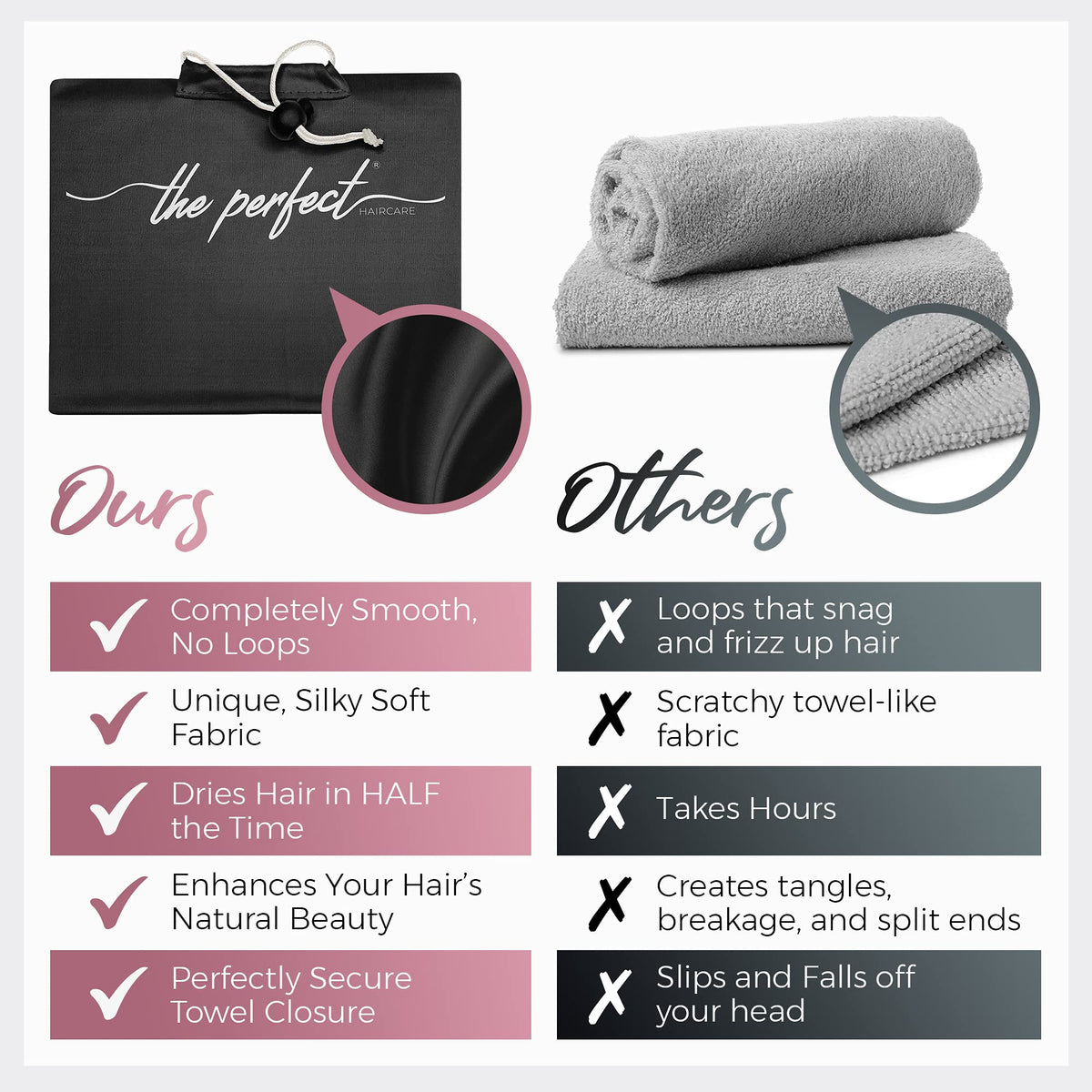 THE PERFECT HAIRCARE close-up of silky microfiber texture preventing snags and frizz