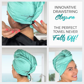 THE PERFECT HAIRCARE model with straight hair using wrap to create a bun and save time