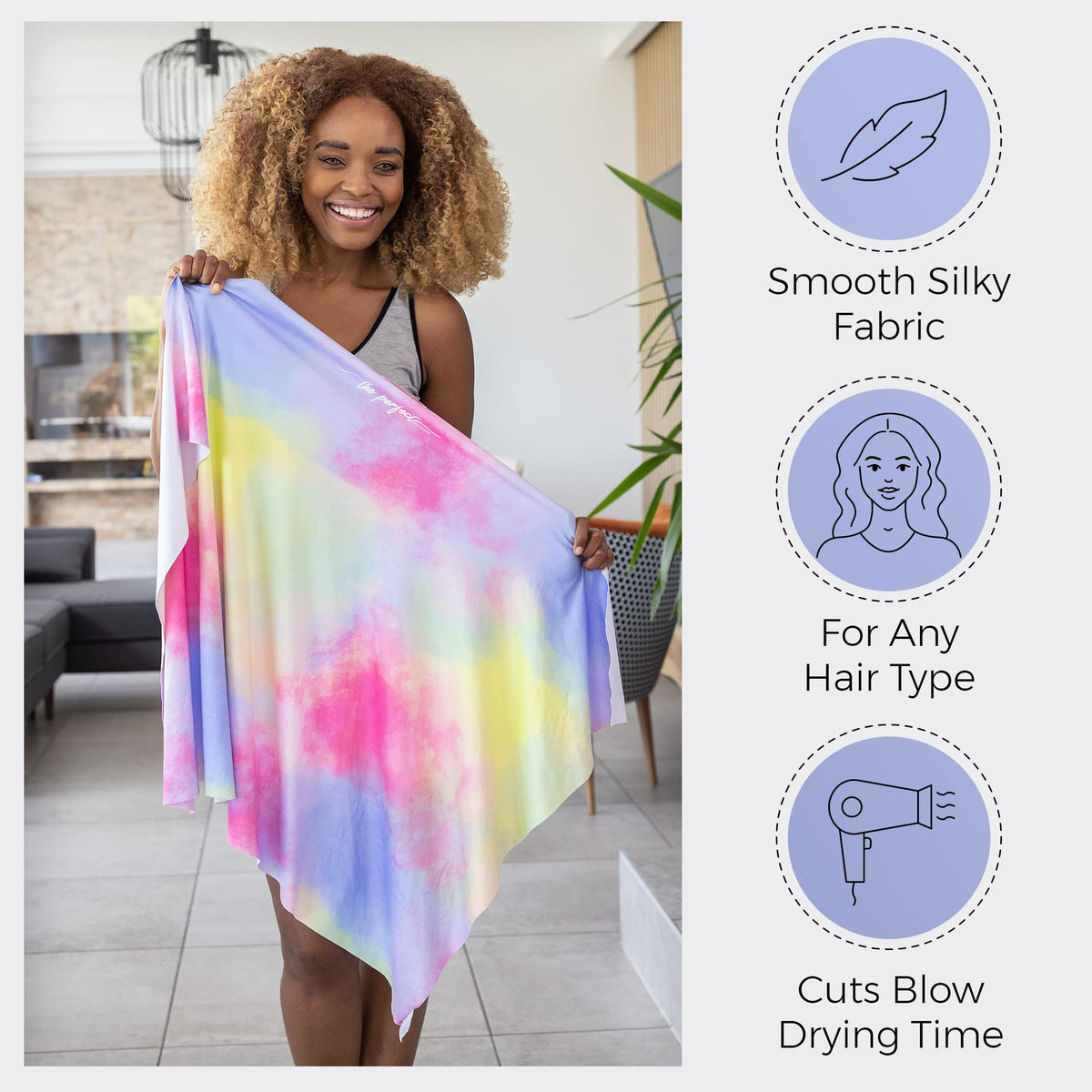 THE PERFECT HAIRCARE wrap worn on wet curly hair for frizz control benefits