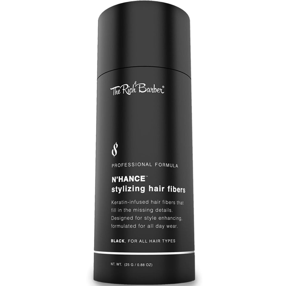 The Rich Barber product front packaging showing black fibers for instant thickness