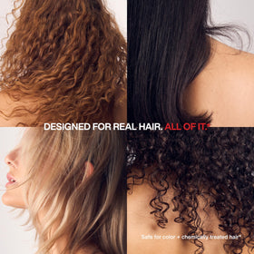 Model using The Root Project shampoo massaging scalp to remove buildup and invigorate