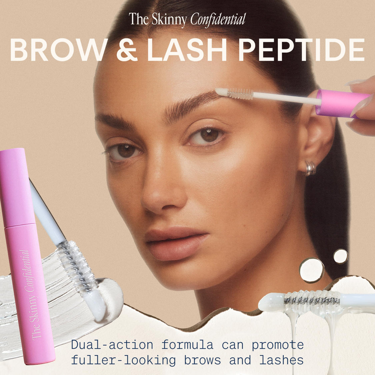 The Skinny Confidential wand detail showing brush tip for precise brow shaping and control