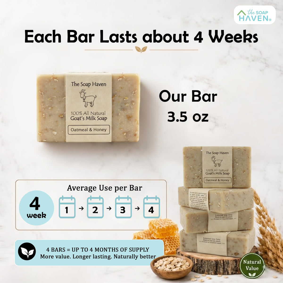 The Soap Haven bar next to a hand showing true size and easy handling