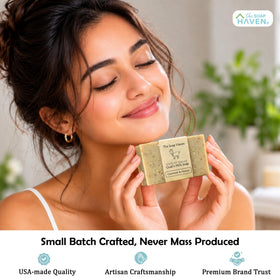 The Soap Haven handmade label and ingredient list emphasizing small-batch quality