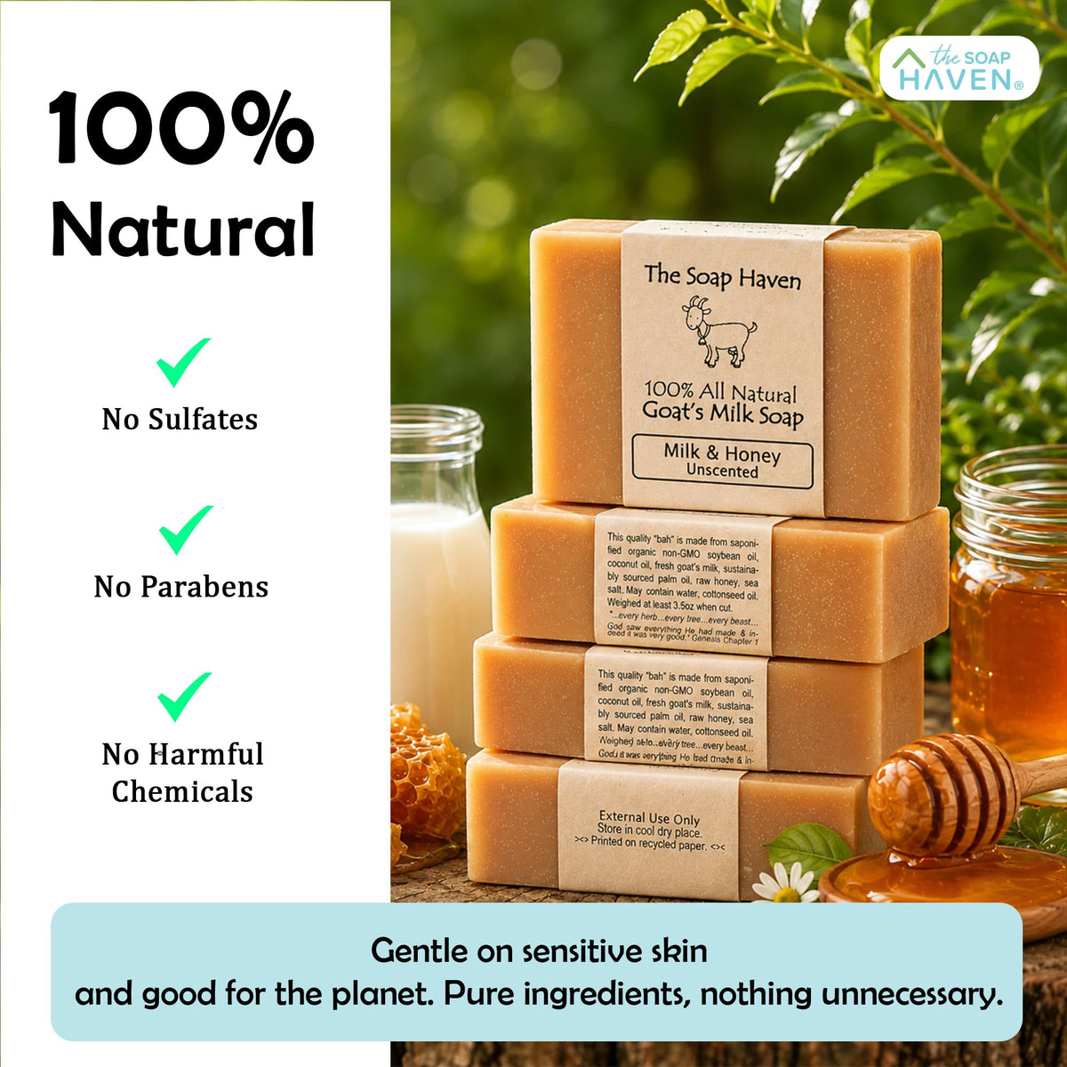 The Soap Haven label and ingredients list highlighting natural, chemical-free formula