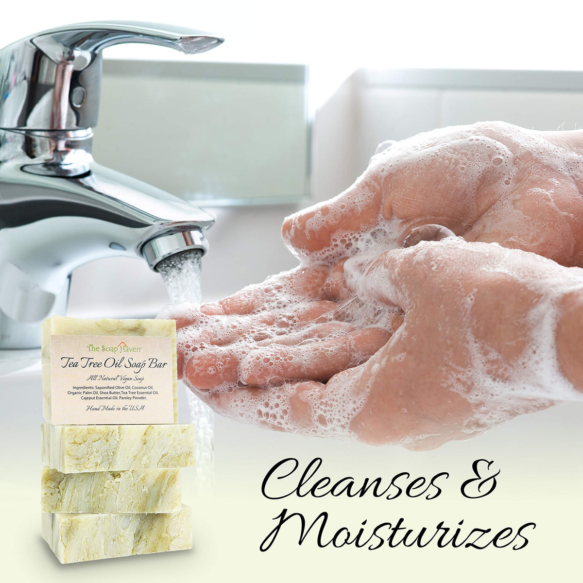 The Soap Haven product label listing natural ingredients and handcrafted origin