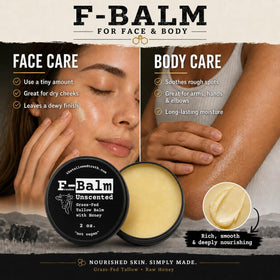 The Tallowed Truth being smoothed onto cheek for barrier support and glow benefit