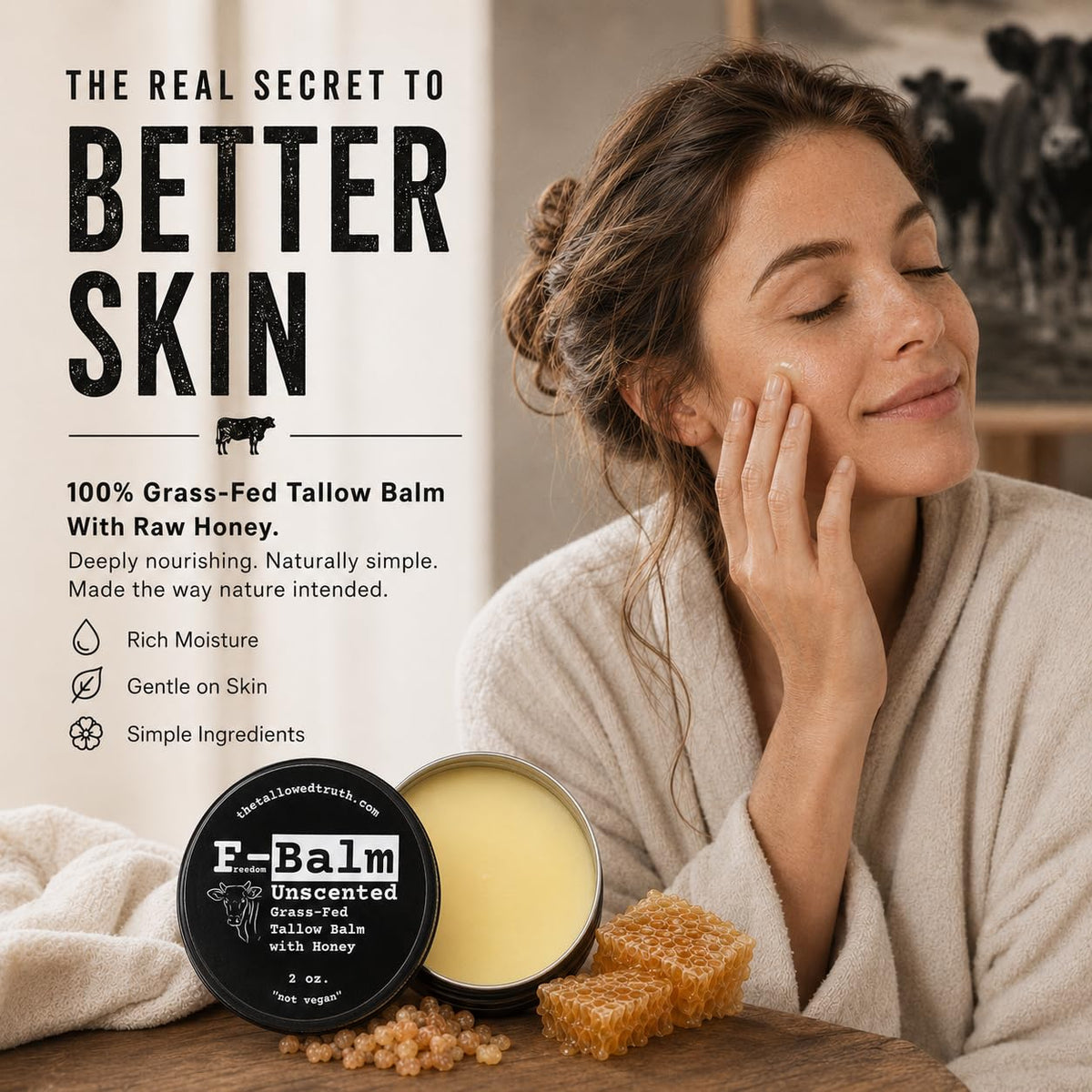 The Tallowed Truth balm on palm ready to apply for deep hydration benefit