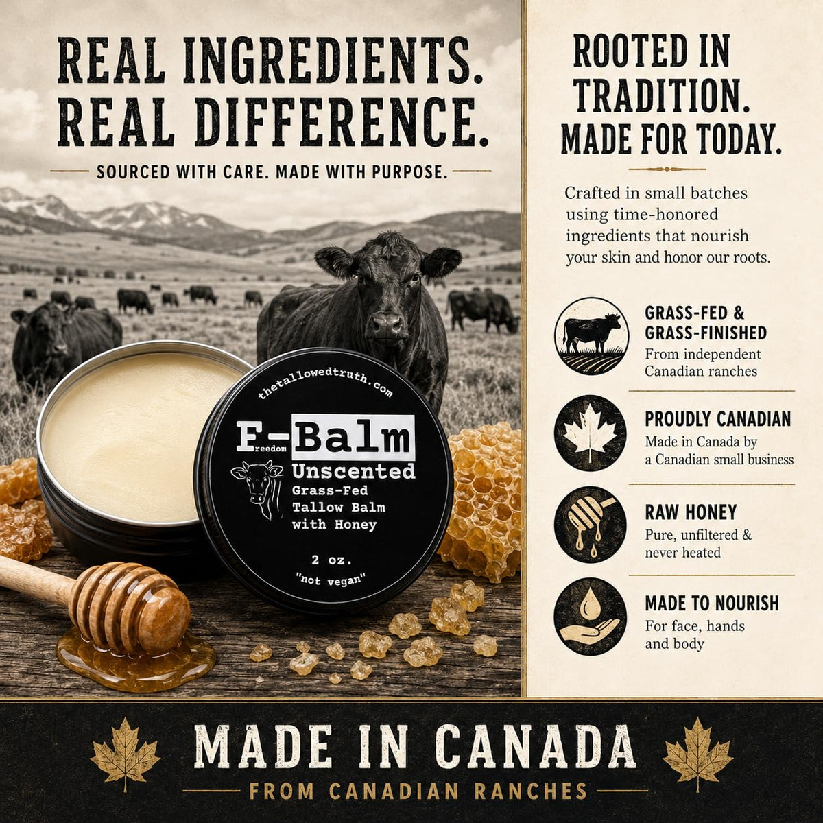 The Tallowed Truth ingredient scene on pasture hinting at grass-fed sourcing benefit