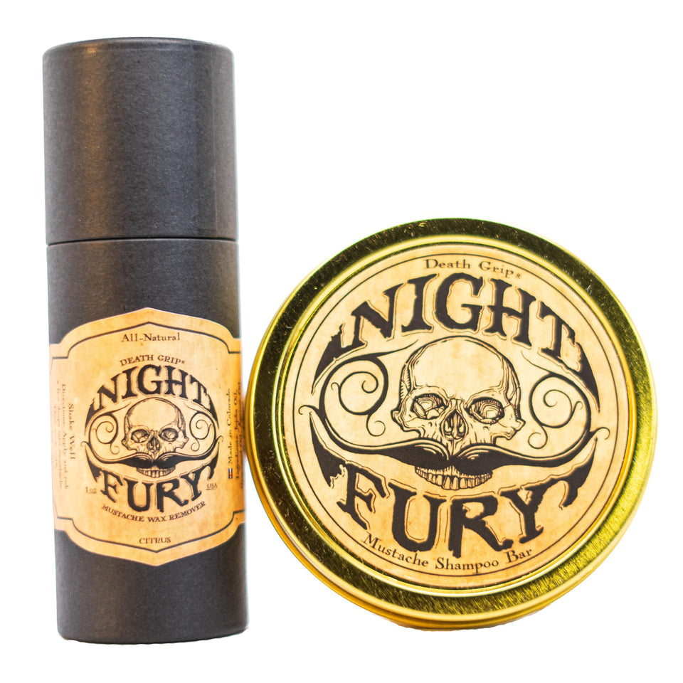 THE VINTAGE GROOMING CO. front packaging showing both Night Fury products and benefits