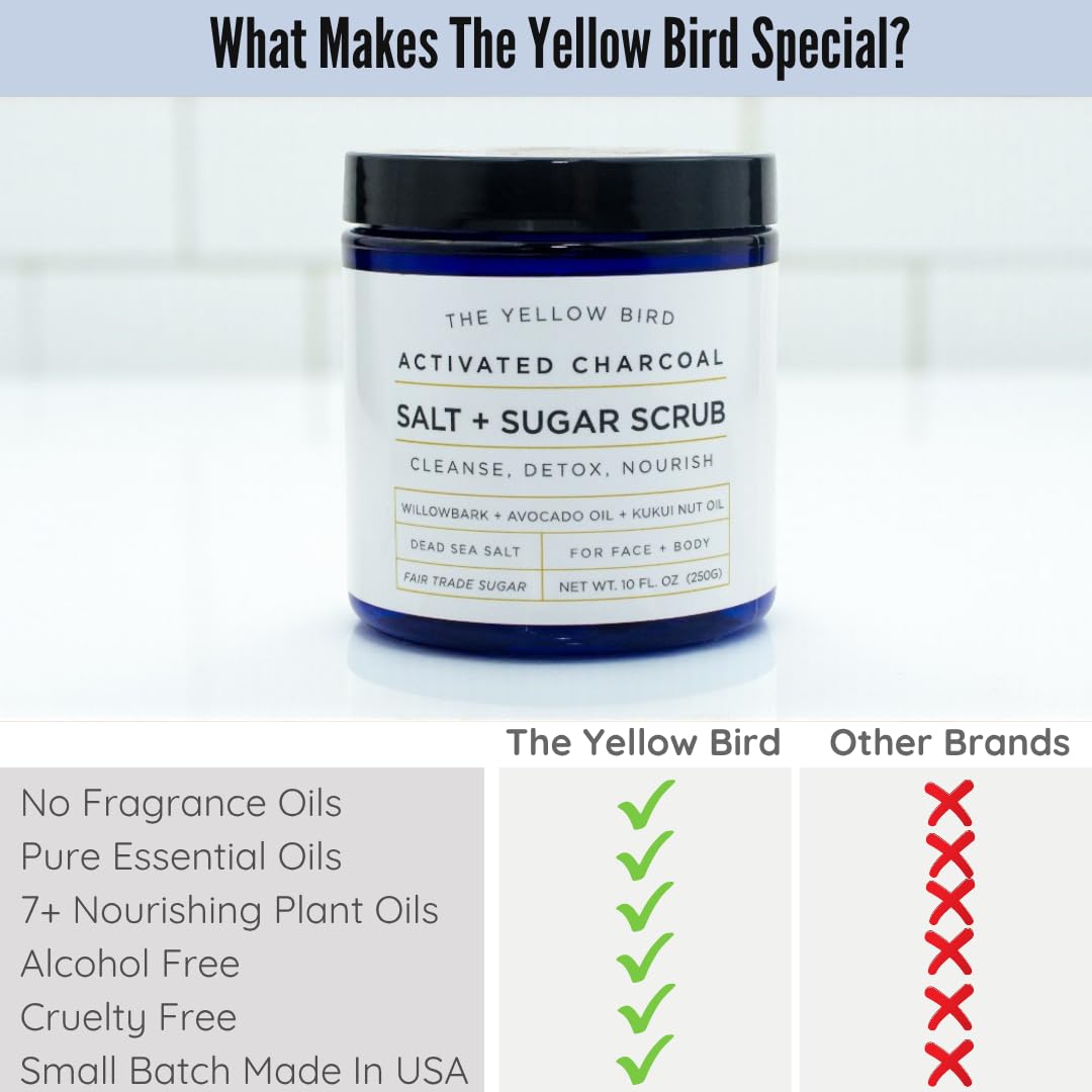 The Yellow Bird natural oils and charcoal ingredient display benefits