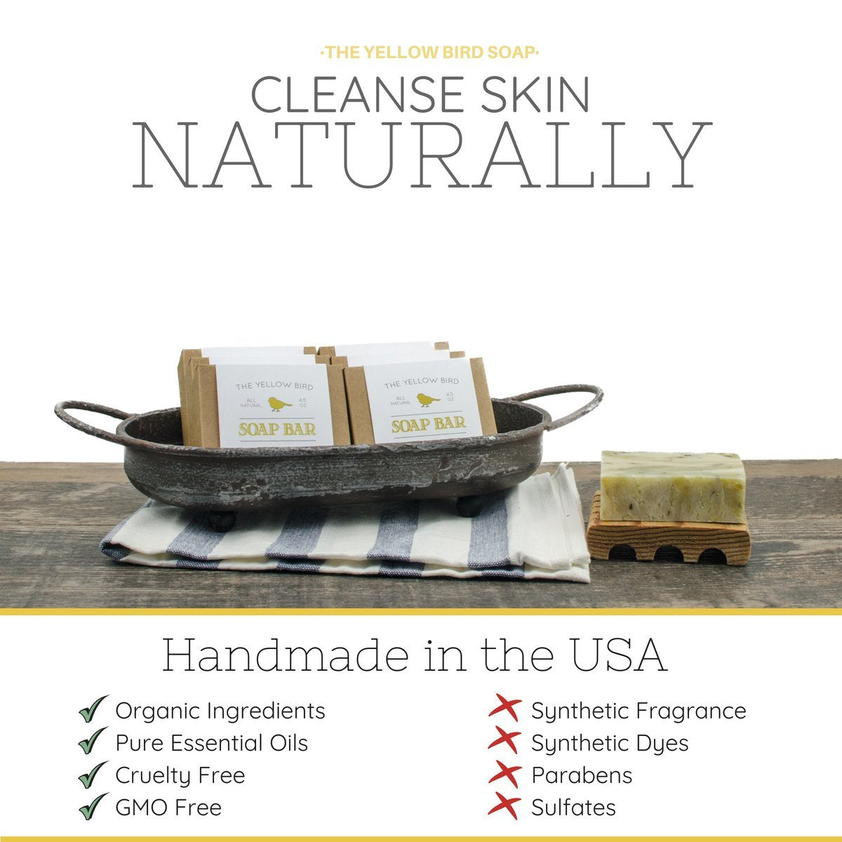 The Yellow Bird soap in a shower lifestyle scene suggesting calming scent and daily routine boost
