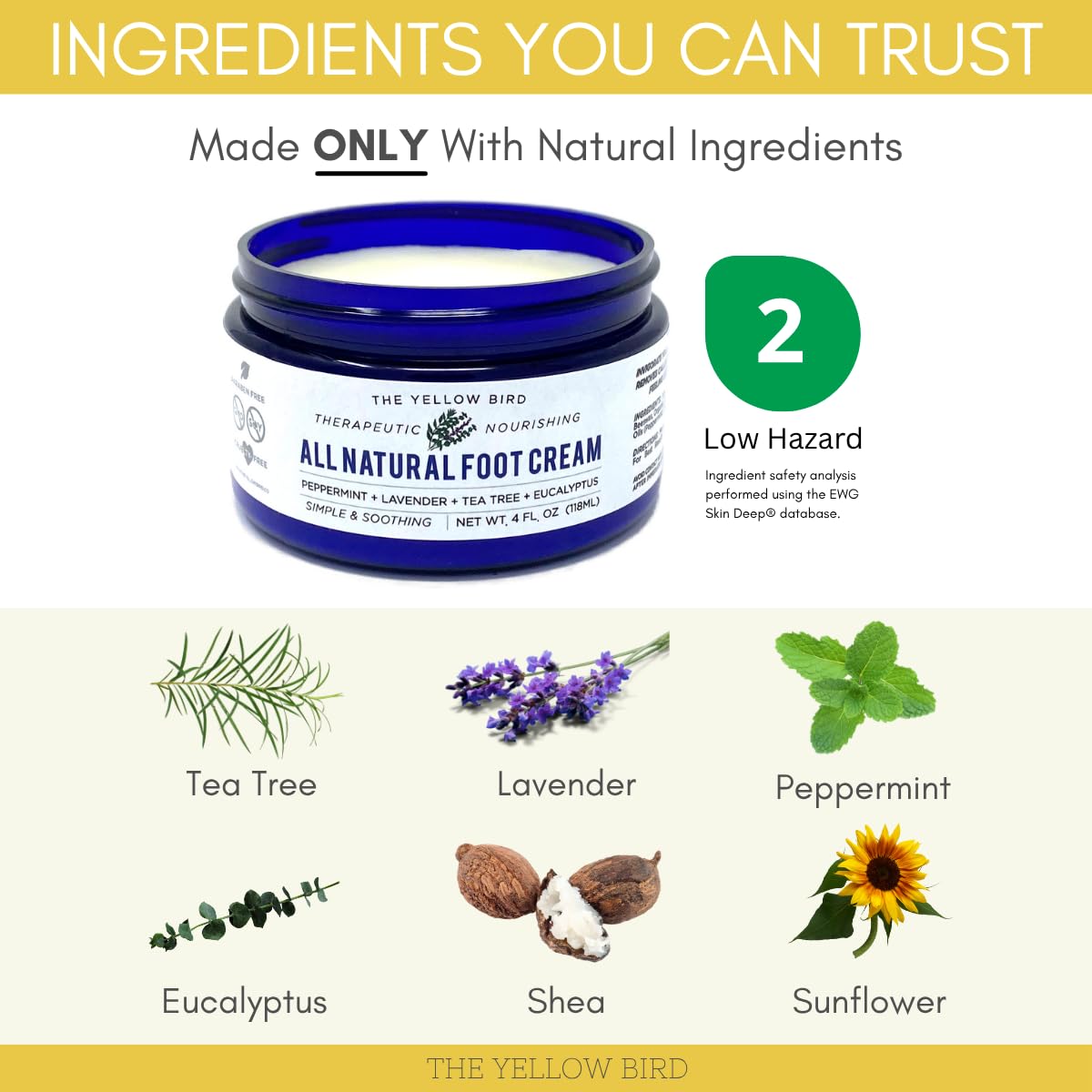 The Yellow Bird product with peppermint and lavender ingredients laid out