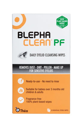 THEA PHARMA Blephaclean label close-up highlighting ingredient and preservative-free info
