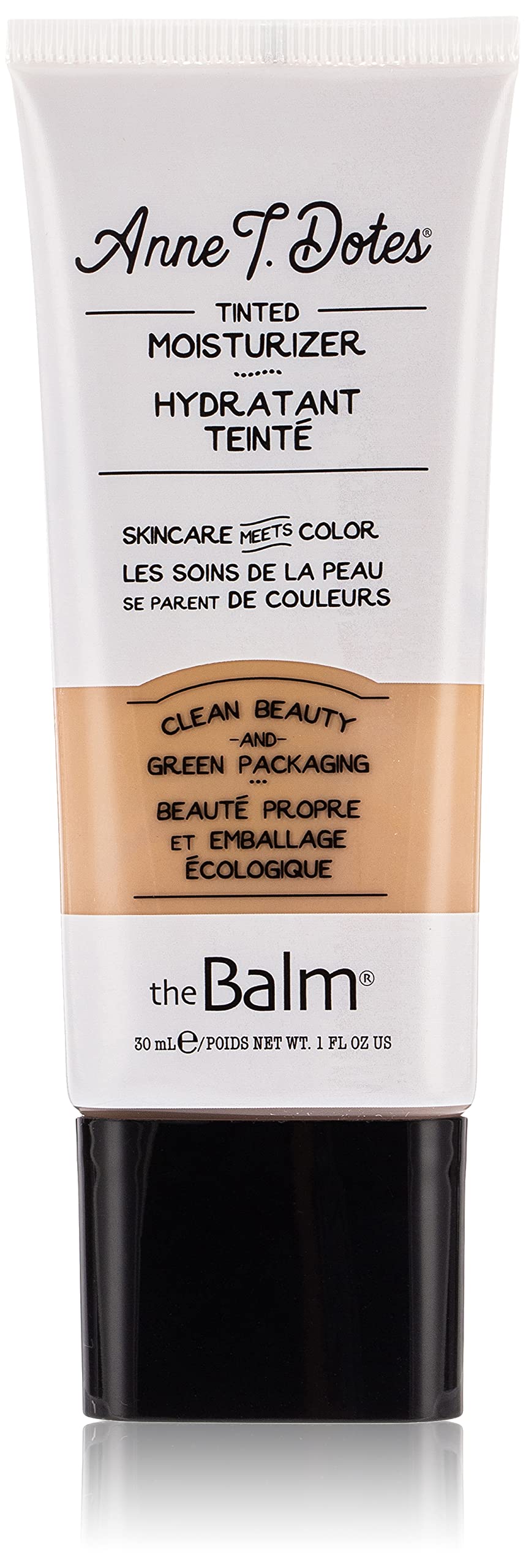 theBalm front packaging showing tube and brand, clear product ID and portability