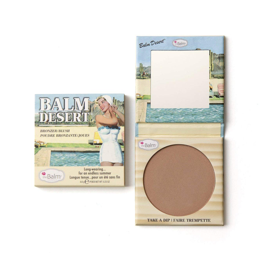 theBalm compact front view showing pan and packaging, easy identification and portable benefit