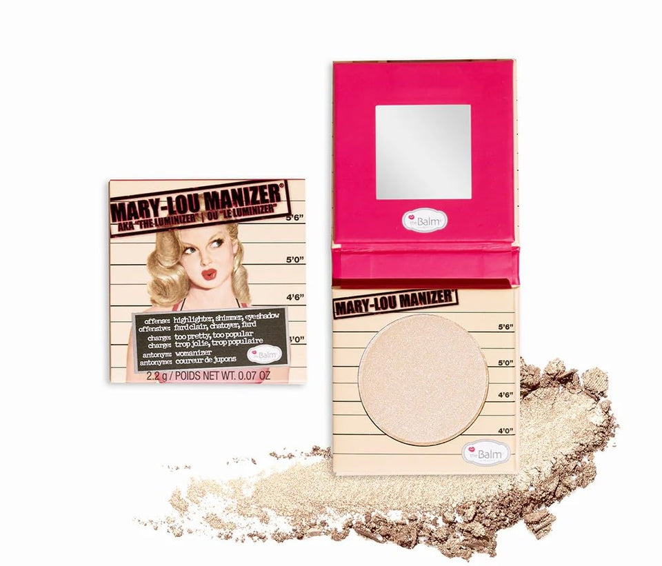 theBalm Mary-Lou Manizer front compact showing champagne luminizer for natural glow