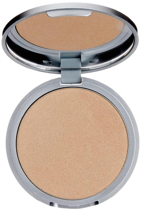 theBalm close-up of pan texture revealing fine honey-hued shimmer and smooth finish