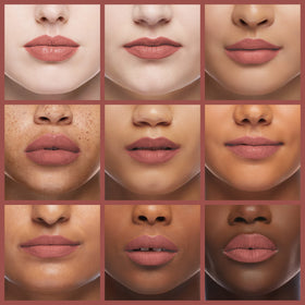 theBalm close-up of Sincere worn on lips showing comfortable matte coverage and true color
