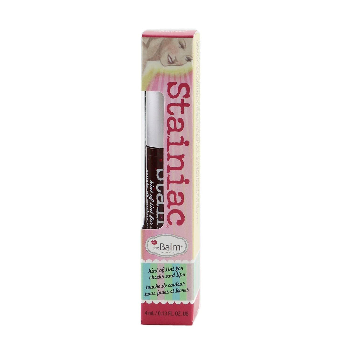 theBalm Stainiac Beauty Queen swatch on skin and fingertip demonstrating blendable color