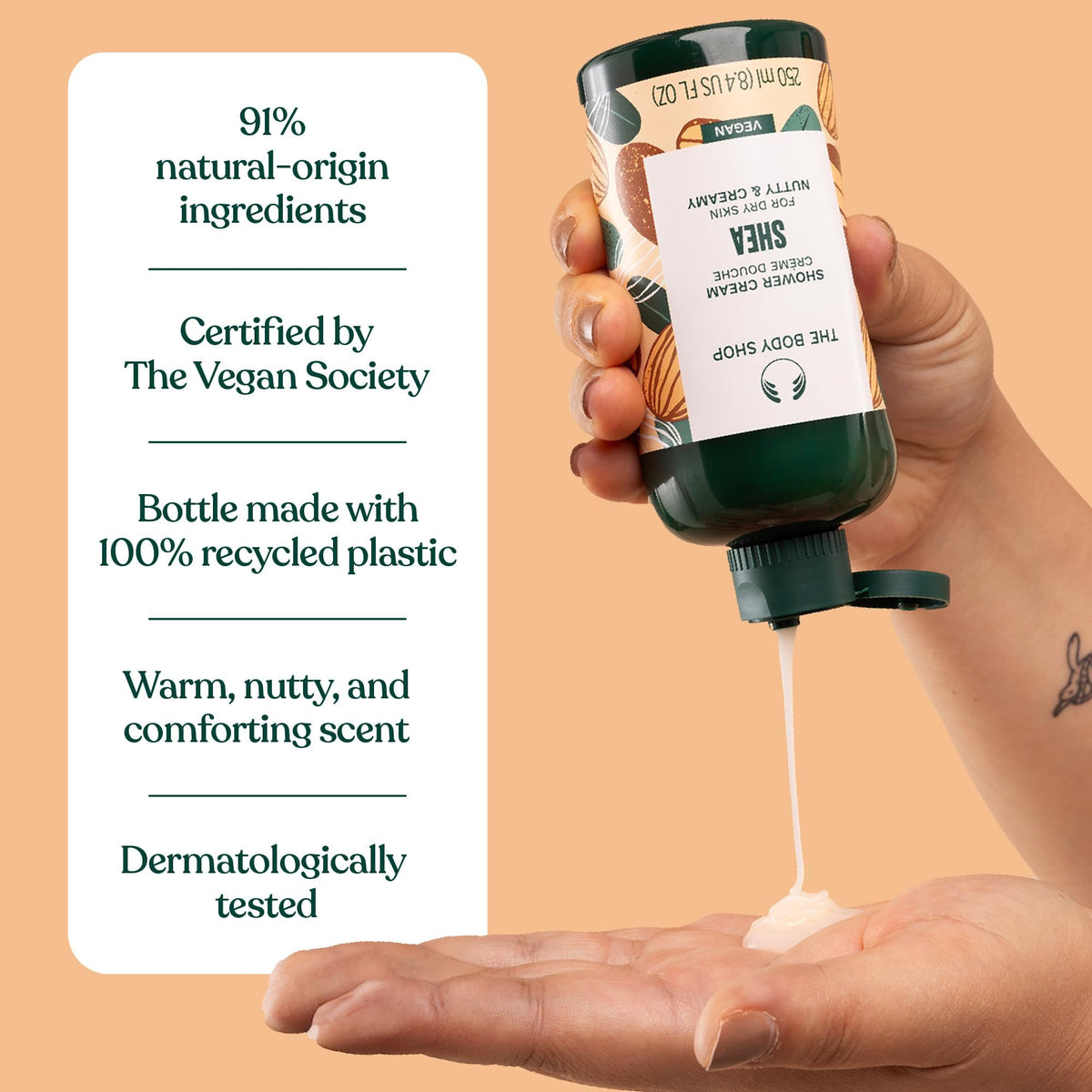 The Body Shop shea shower cream staged in bathroom to show relaxing shower routine benefit