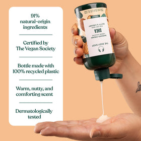 The Body Shop shea shower cream staged in bathroom to show relaxing shower routine benefit
