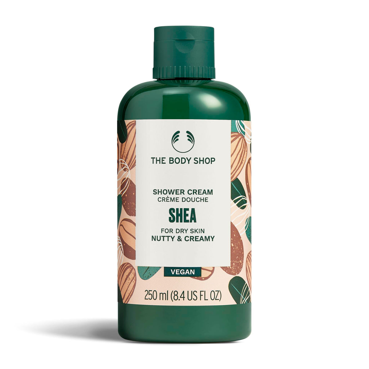 The Body Shop shea shower cream front view showing bottle and clear use benefit