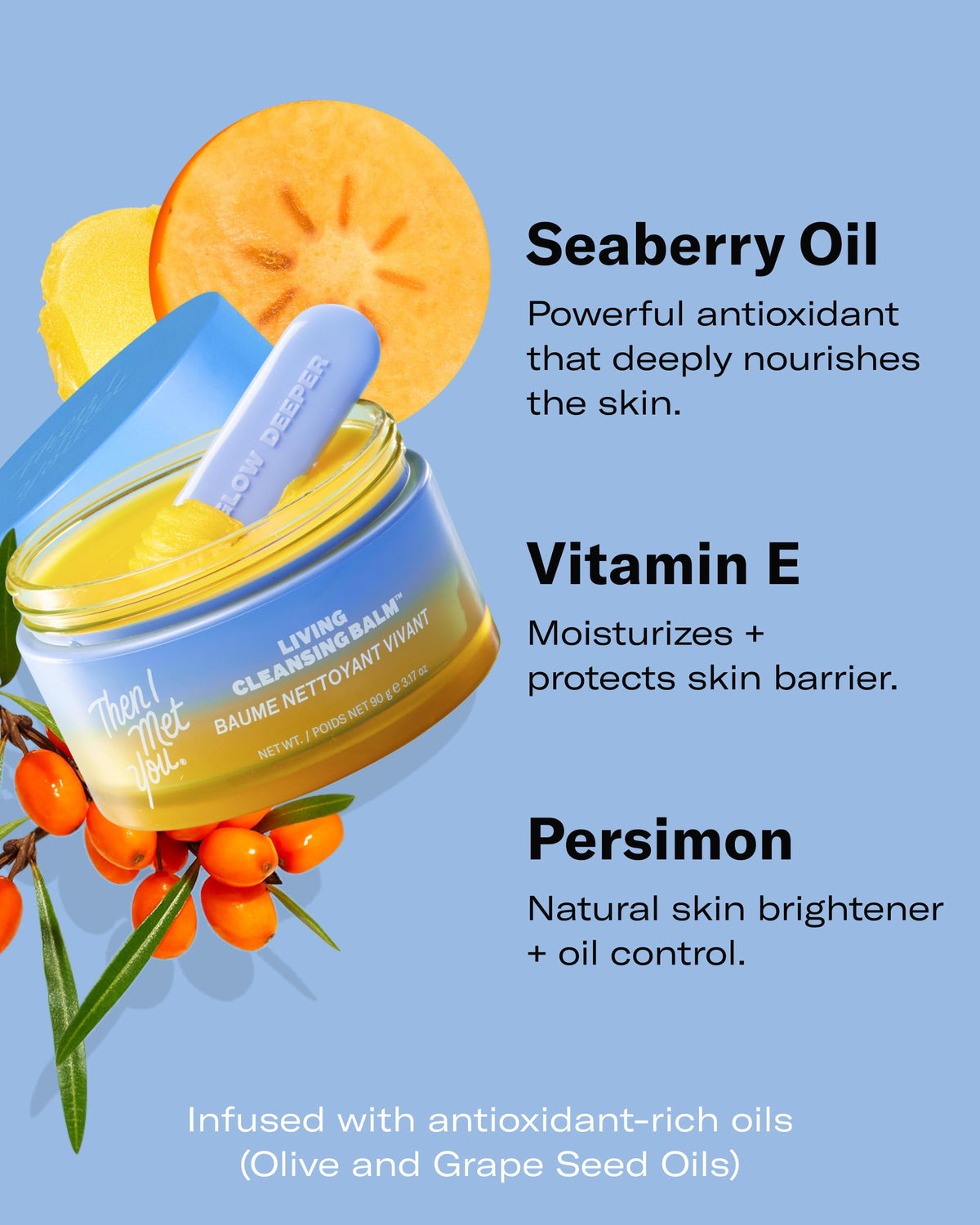 Then I Met You display of grape seed olive seaberry oils highlighting nourishing benefits