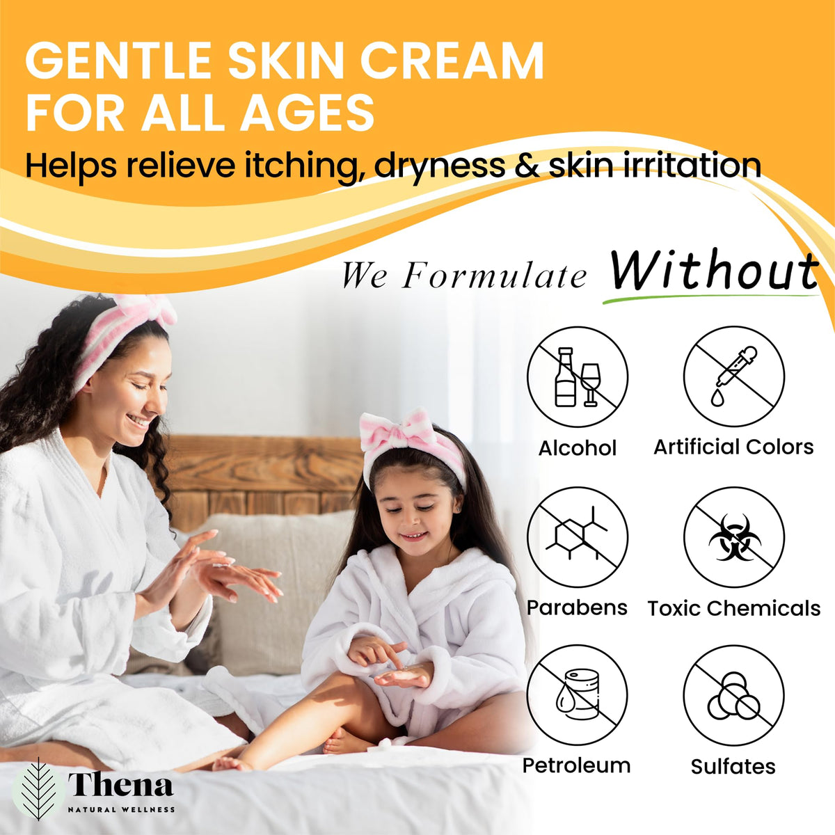 THENA hands applying cream to dry skin for instant comfort