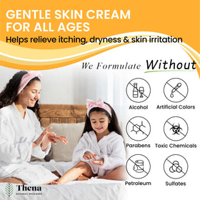 THENA hands applying cream to dry skin for instant comfort