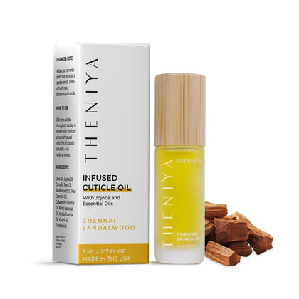 Theniya front packaging sandalwood showing compact travel bottle and label, boosts cuticle hydration