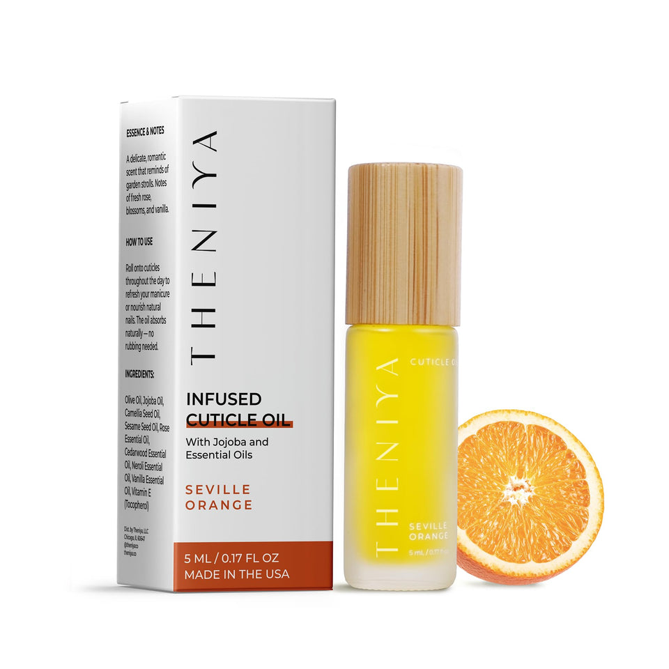 Theniya roll-on front view showing compact bottle and orange scent benefit