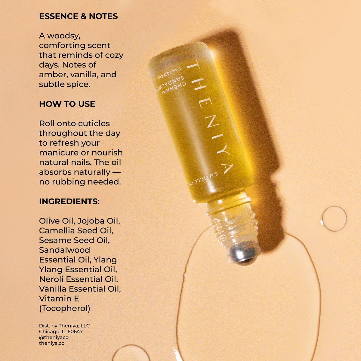 Theniya rollerball detail closeup demonstrating smooth steel applicator for precise delivery