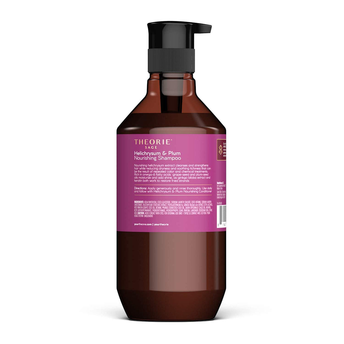 Close-up of Theorie label and ingredient list highlighting helichrysum and plum seed oil benefits