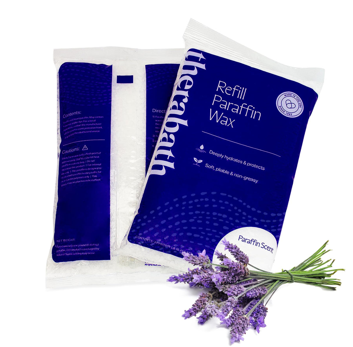 Therabath 4 lb container front showing product and lavender label, convenient refill