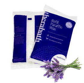 Therabath 4 lb container front showing product and lavender label, convenient refill