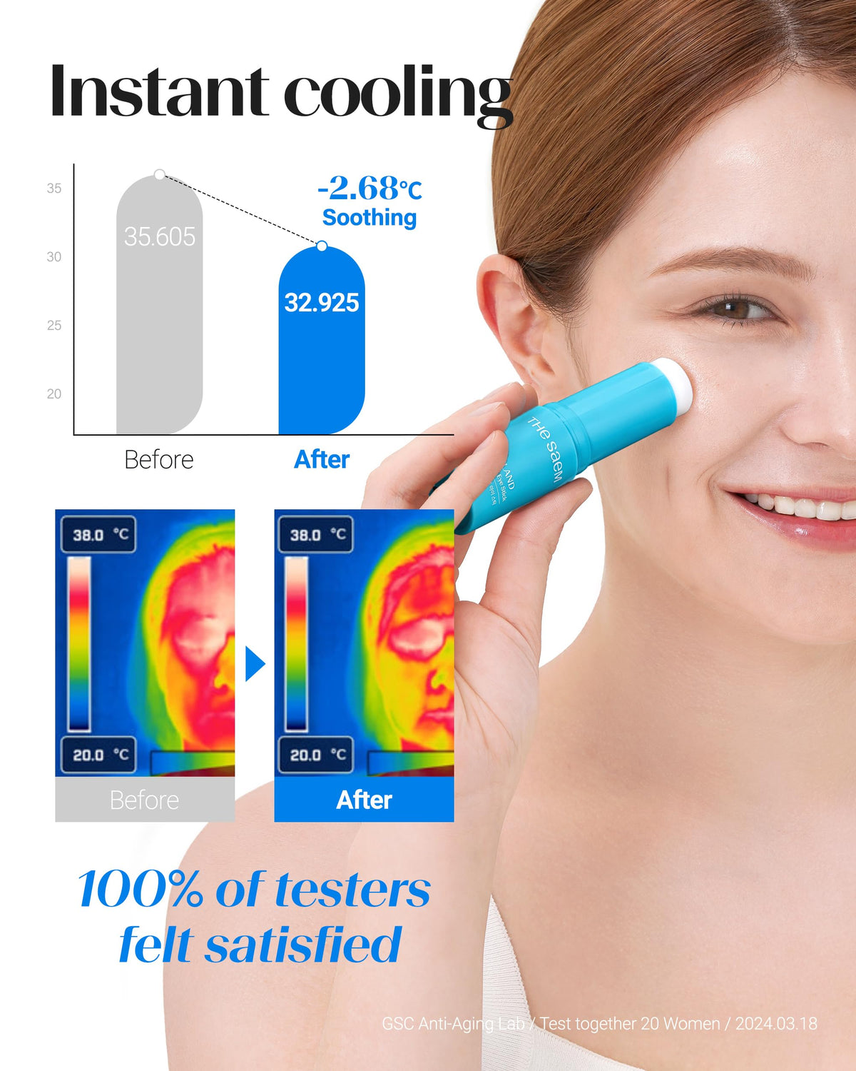 THESAEM applying stick under eye to show cooling immediate use