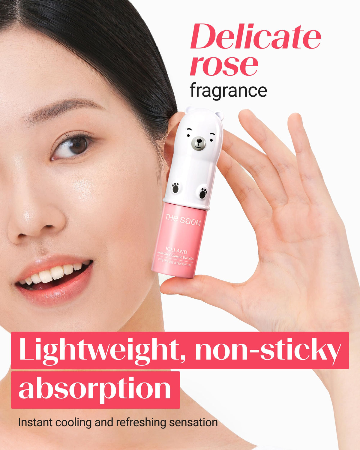 THESAEM applying stick on hand illustrating cooling and smoothing effect