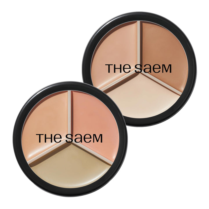 THESAEM front packaging showing both triple-pot palettes and brush benefit