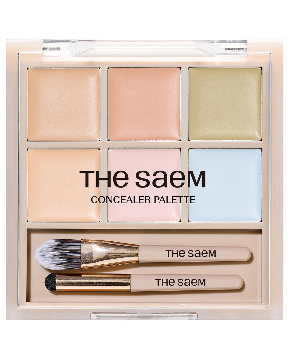 THESAEM front packaging showing palette compact and branding benefit: travel-ready correction