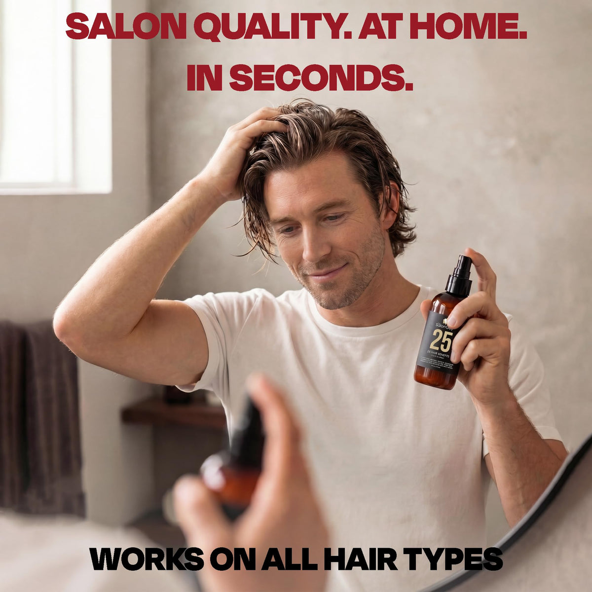 THESALONGUY mist on a hair strand showing lightweight hydration