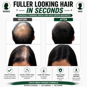 THICK FIBER before and after comparison demonstrating fuller-looking hair instantly