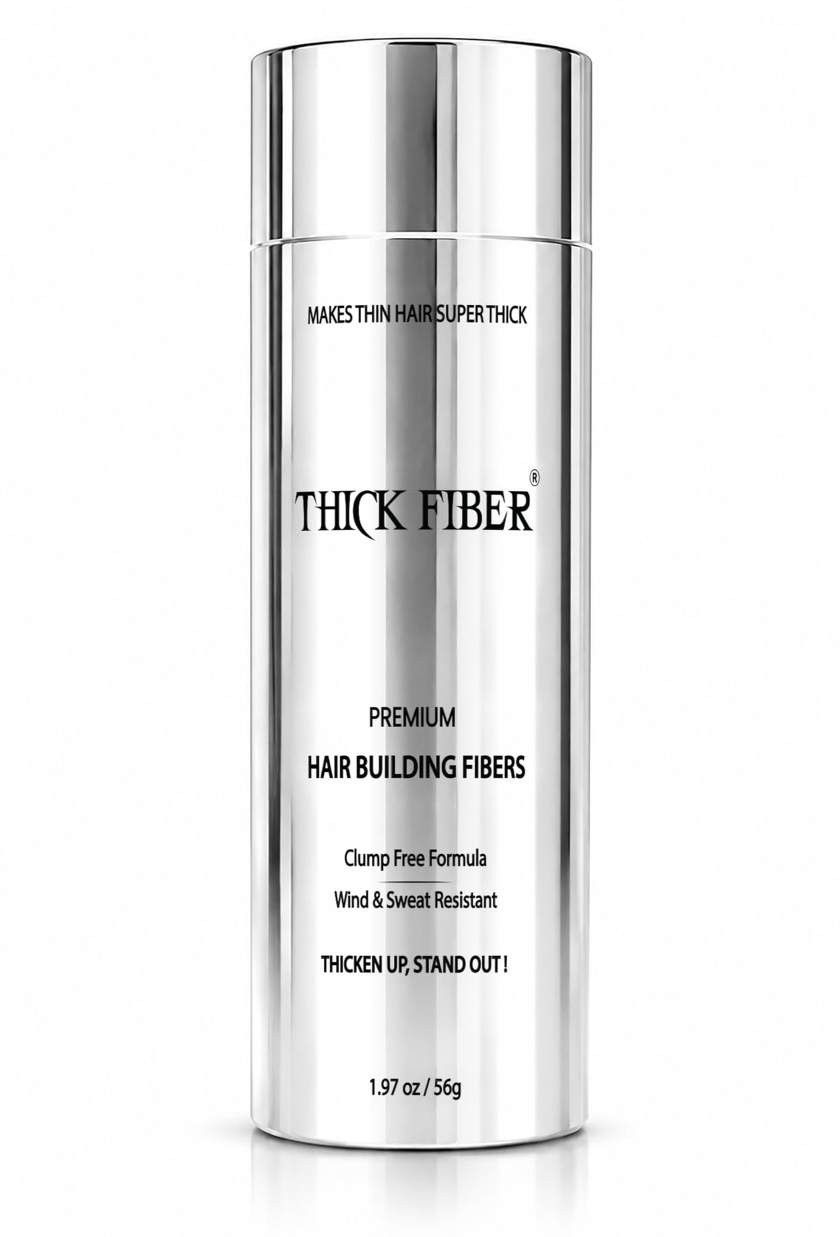 THICK FIBER front packaging shows black fibers and benefits