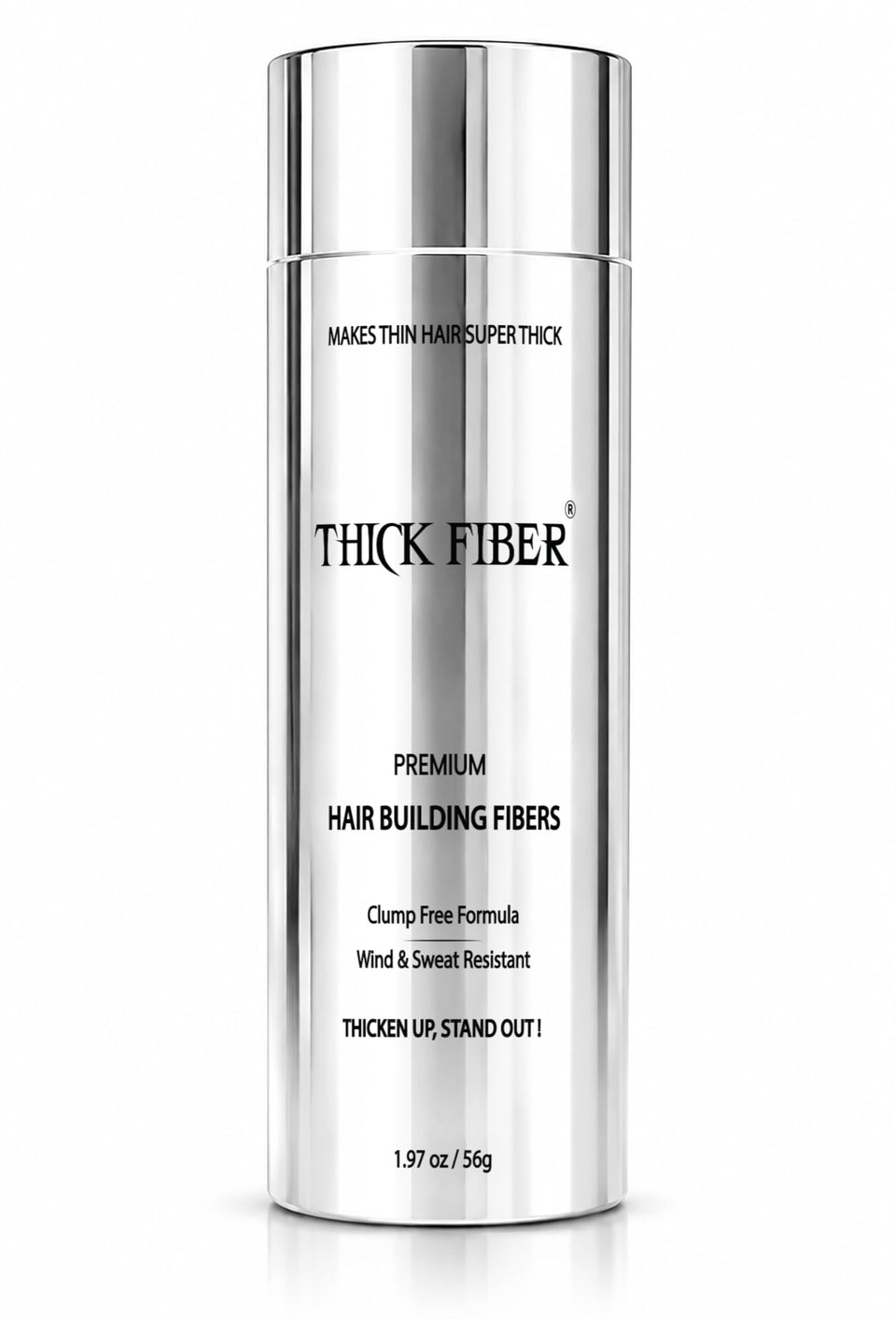 THICK FIBER front packaging shows black fibers and benefits