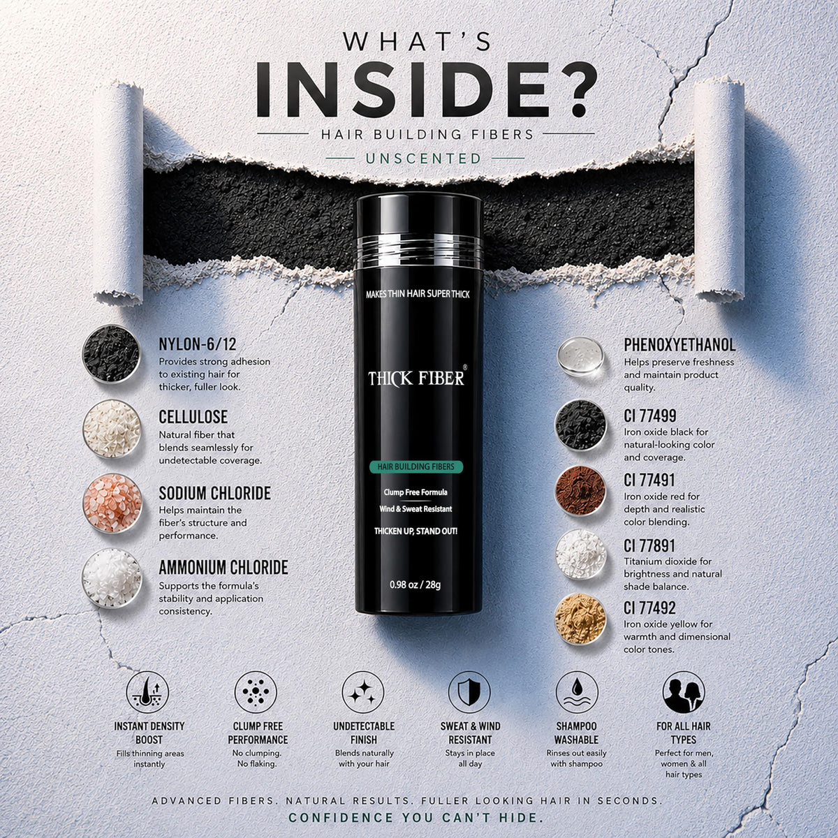 Thick Fiber label detail displaying shade information and safe ingredients